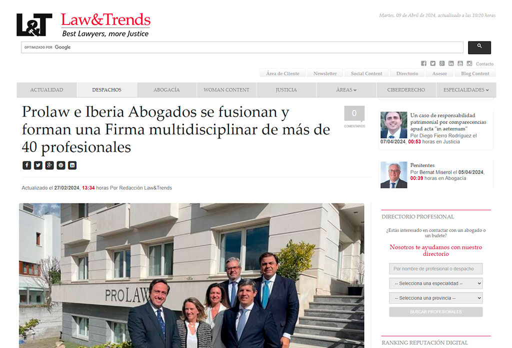Prolaw and Iberia Abogados merge and form a multidisciplinary Firm of more than 40 professionals