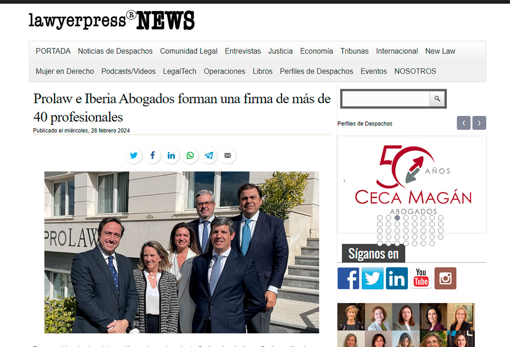 Prolaw and Iberia Abogados form a firm of more than 40 professionals